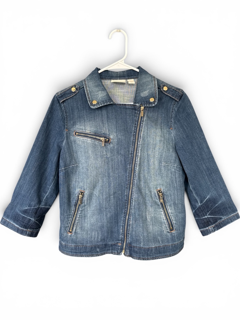 Chico's Distressed Blue Denim Moto Jacket - Picture 3 of 7